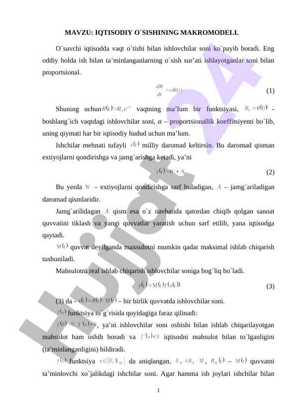 Iqtisodiy o'sishining makromodeli tahlili