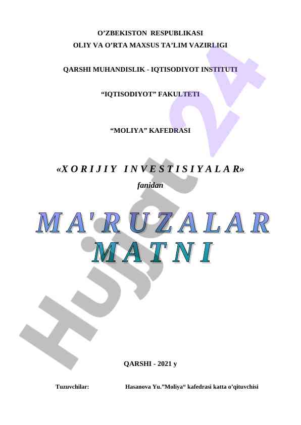 Xorijiy investitsiyalar fanidan maruzalar matni