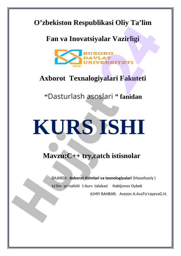 C++ try-catch istisnolar bo’yicha kurs ishi