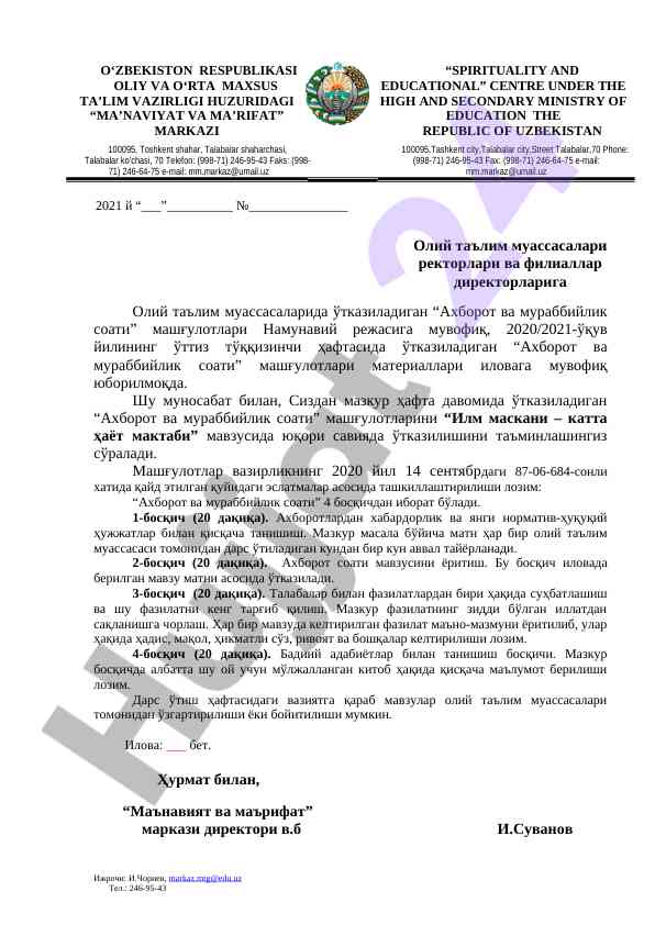 Axborot va murabbiylik soati mashg‘ulotlari rejasi