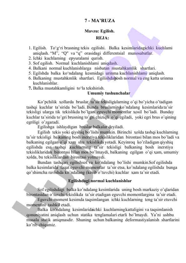 Egilish va balka mustahkamligi tahlili