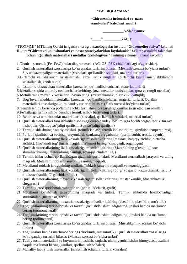 Qurilish materiallari metallar texnologiyasi savollari