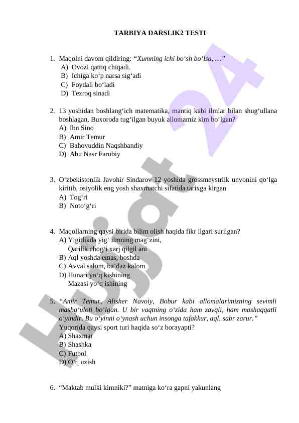 Tarbiya darslik testi savollar yangiliklar