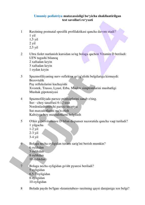 Umumiy pediatriya test savollari ro'yxati