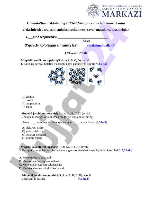 Kimyo fanidan test savollari va topshiriqlar