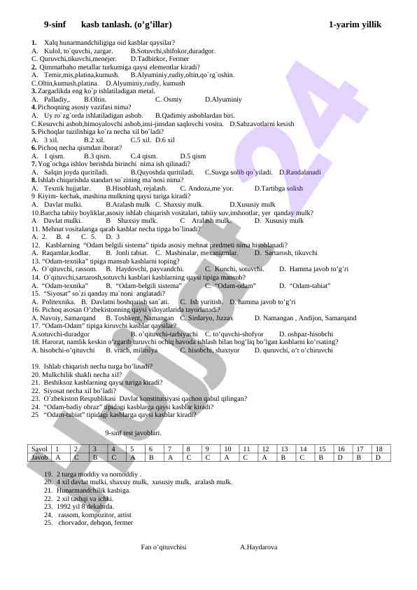 Kasb tanlash bo‘yicha test savollari