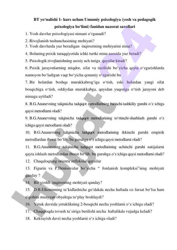 Umumiy psixologiya nazorat savollari 1-kurs