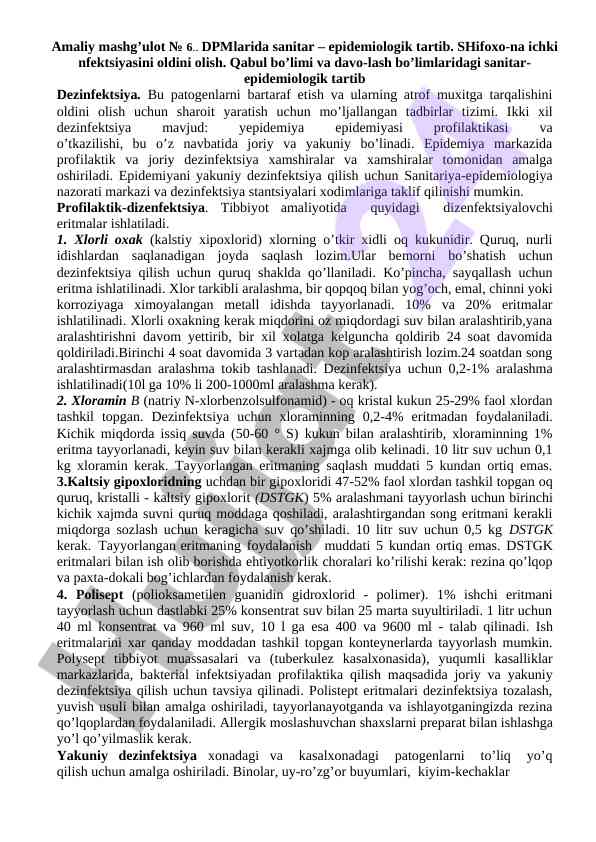 Sanitar epidemiologik tartib va dezinfektsiya tizimi
