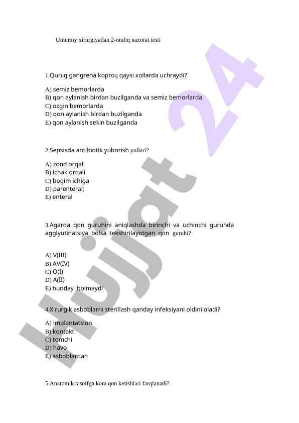 Umumiy xirurgiyadan nazorat testi 2-oraliq