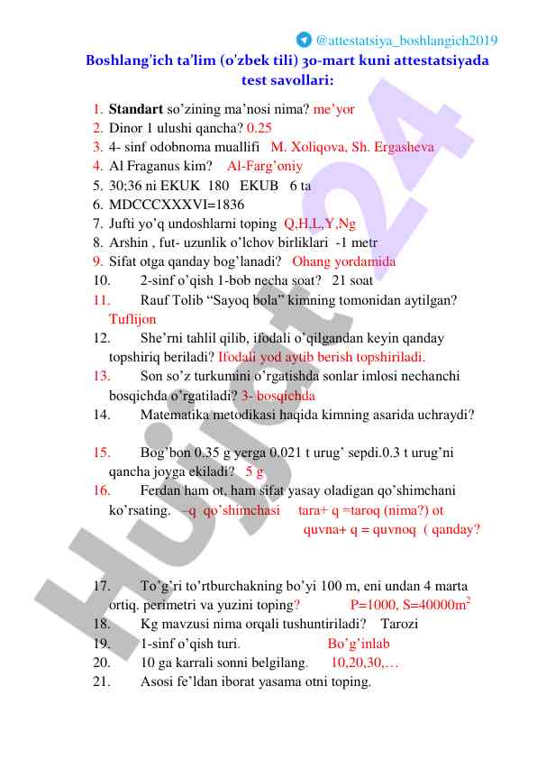 Boshlang'ich ta'lim test savollari 30-mart 2019