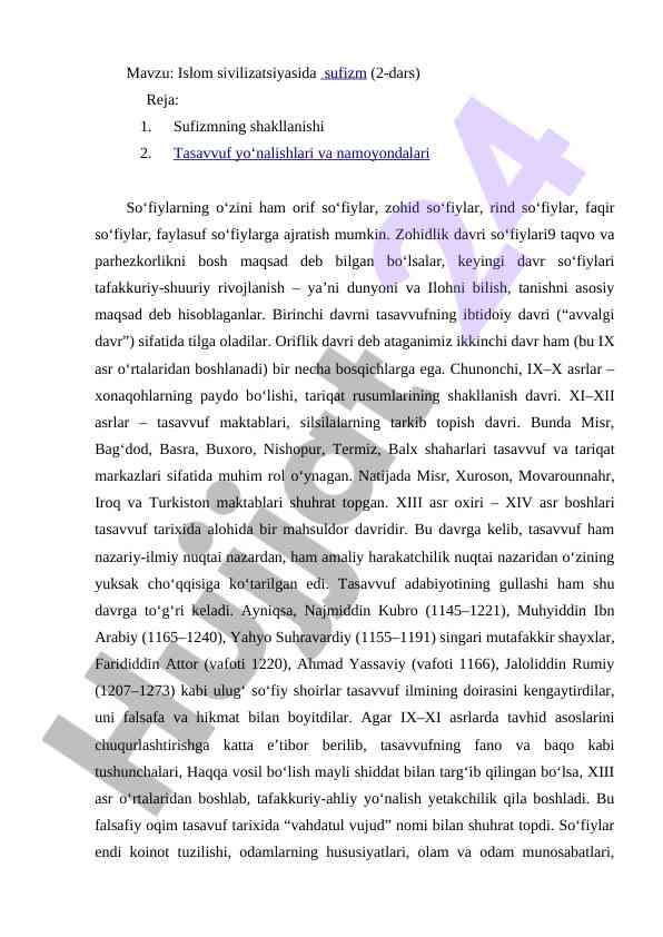 Islom sivilizatsiyasida sufizm dars rejasi