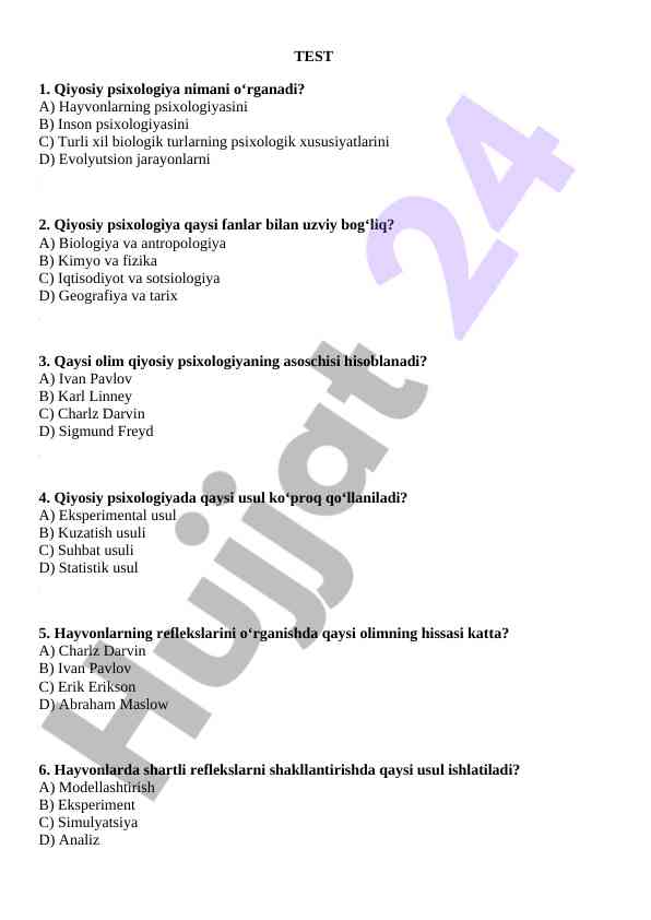 Qiyosiy psixologiya test savollari