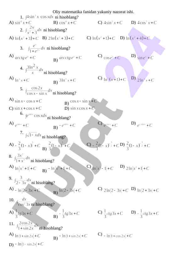 Oliy matematika fanidan yakuniy nazorat ishlari