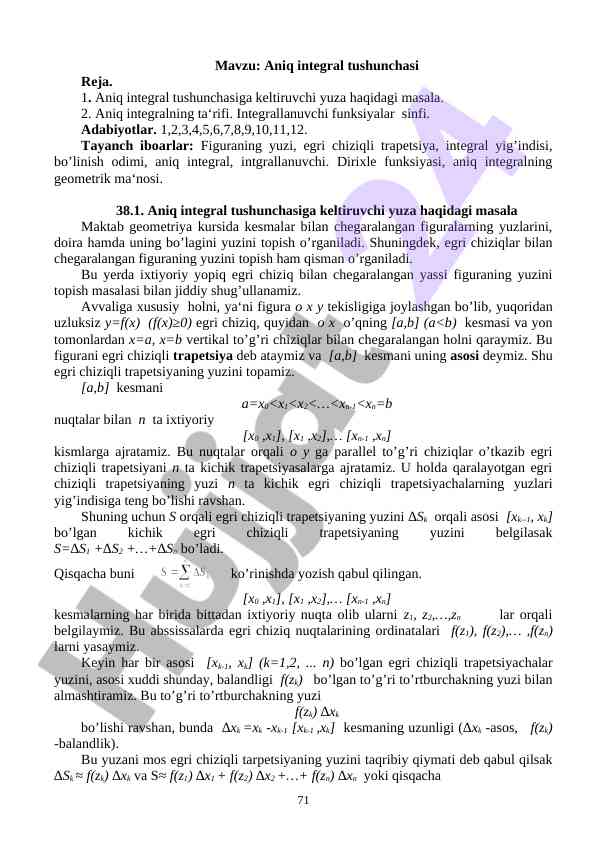 Aniq integral tushunchasi va geometrik ma'nosi