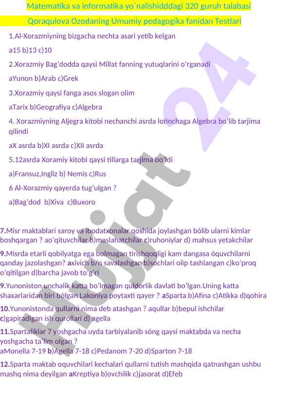 Umumiy pedagogika fani testlari haqida savollar