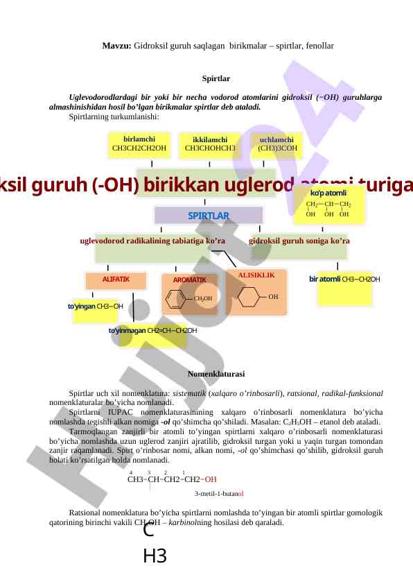 Gidroksil guruh saqlagan spirtlar nomenklaturasi