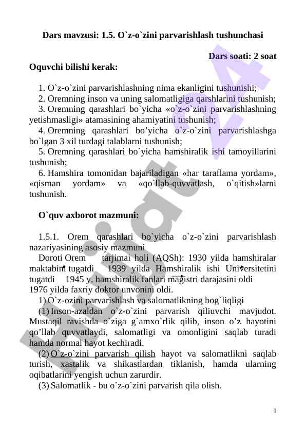 O'z-o'zini parvarishlash tushunchasi o'quv darslari