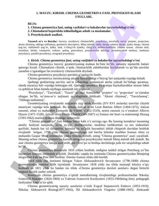 Chizma geometriya fani va proyeksiyalash usullari