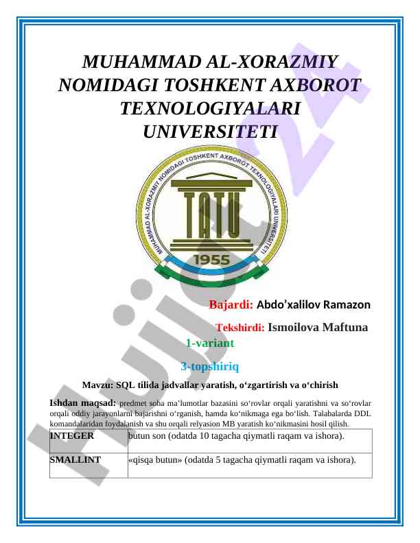 Sql tilida jadvallarni yaratish va o‘zgartirish