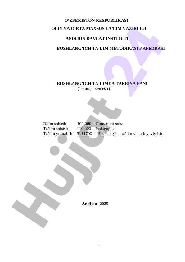 Boshlang‘ich ta’limda tarbiya fani darsligi