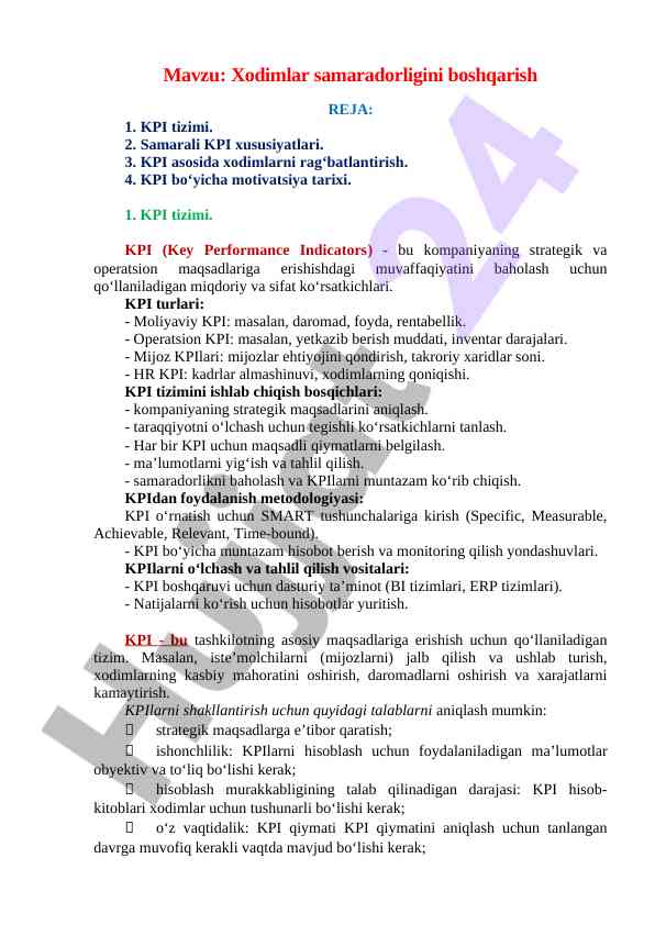 Xodimlar samaradorligini boshqarish kpidan foydalanish