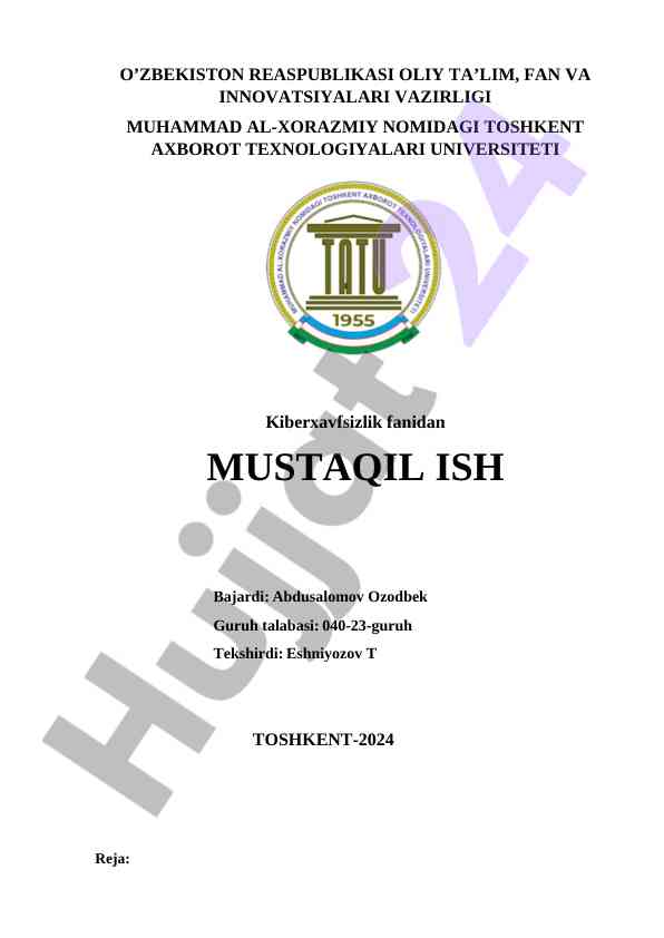 Kiberxavfsizlik fanidan mustaqil ishning rejasi
