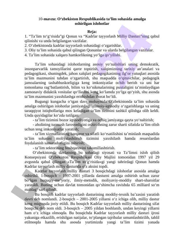 O‘zbekiston ta’lim sohasidagi islohotlar tahlili
