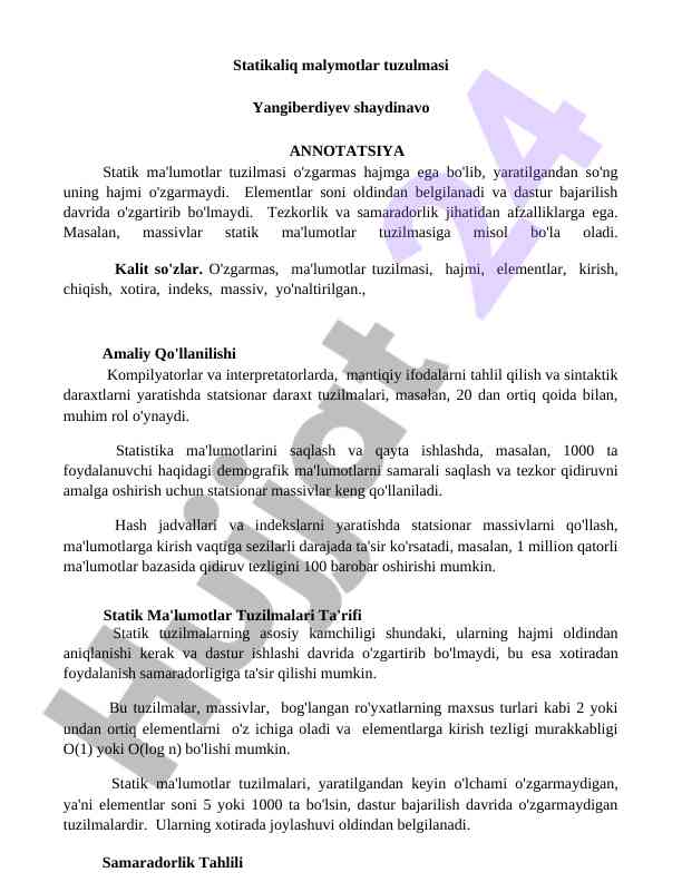 Statik malumotlar tuzilmalari va amaliy qo'llanishi