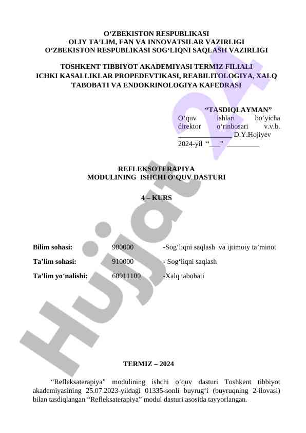 Refleksoterapiya modulining ishchi o‘quv dasturi