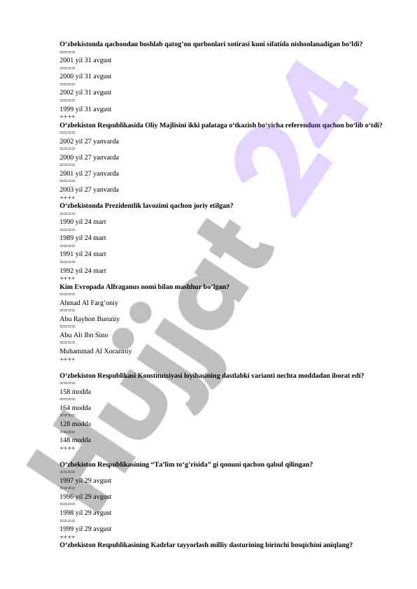 O‘zbekiston tarixi bo‘yicha test savollari