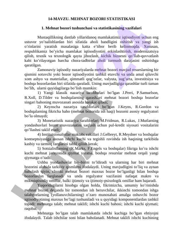 Mehnat bozori statistikasi tushunchasi va vazifalari