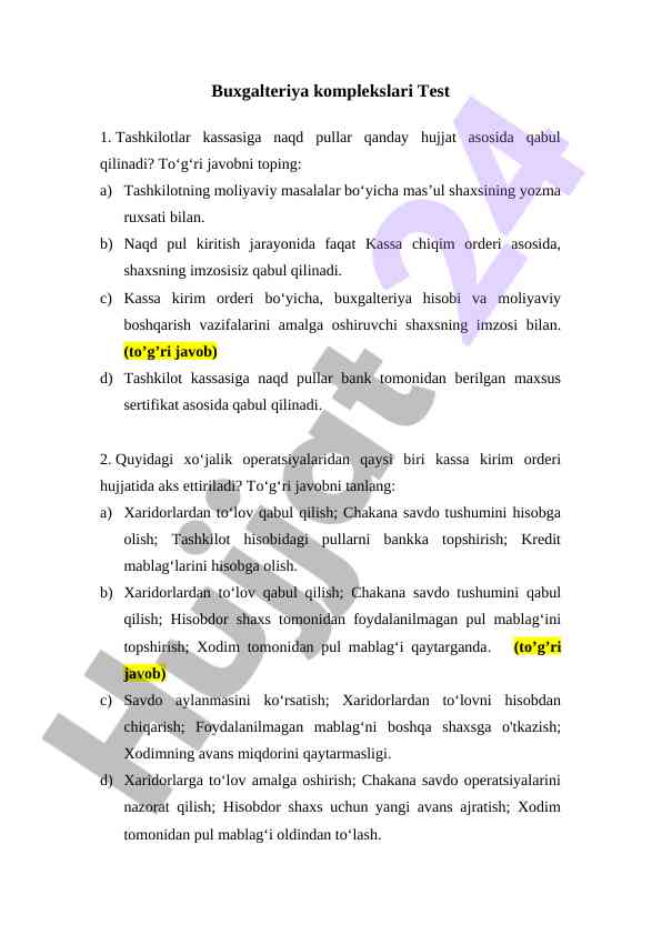 Buxgalteriya test savollari va javoblar