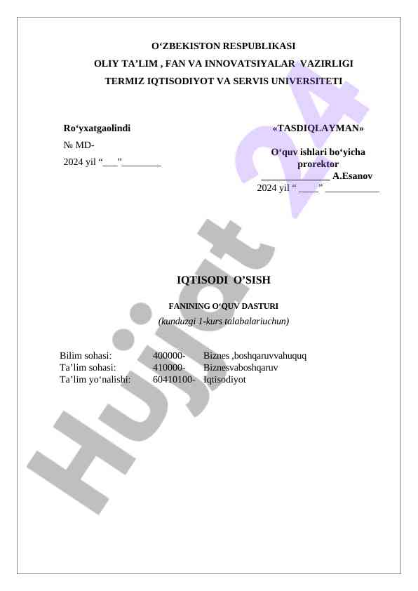 Iqtisodiy o‘sish fanining o‘quv dasturi