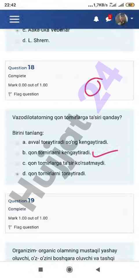 Vazodilatator ta'siri savol testi