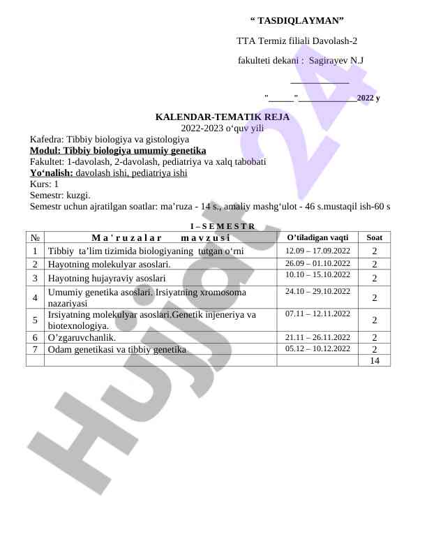 Tibbiy biologiya umumiy genetika kurs rejasi