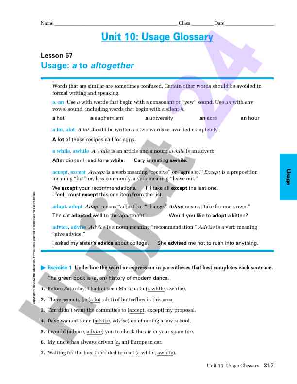 Usage glossary for common confused words