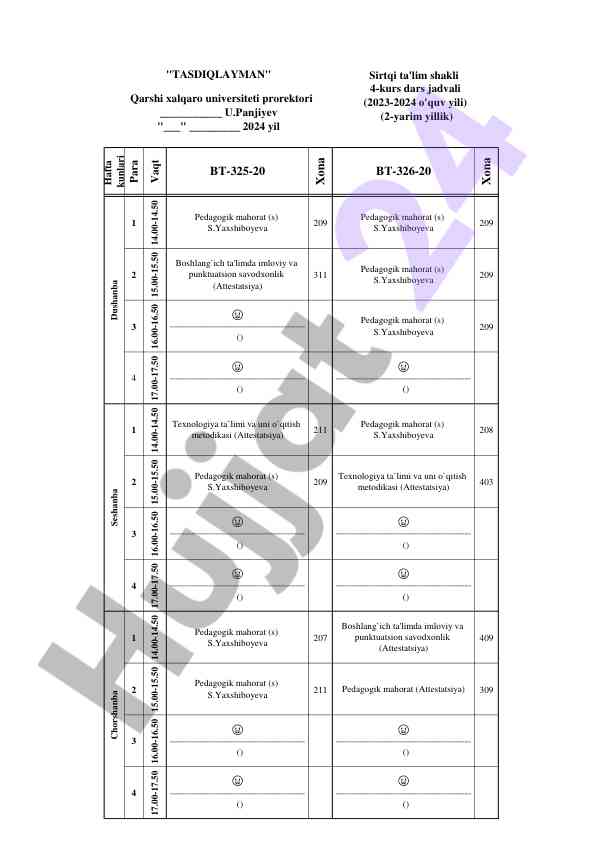 4-kurs sirtqi ta'lim dars jadvali 2023-2024