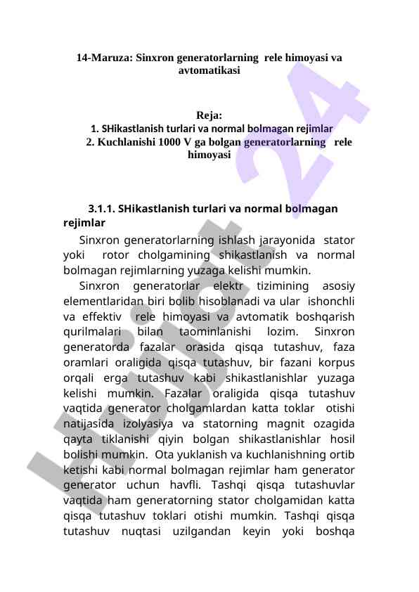 Sinxron generatorlarning rele himoyasi va avtomatikasi