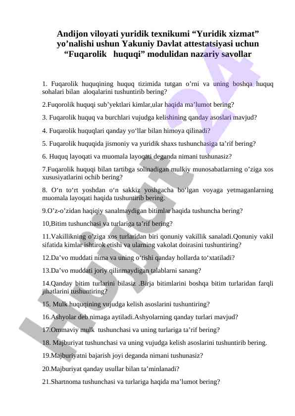 Fuqarolik huquqi modulidan nazariy savollar