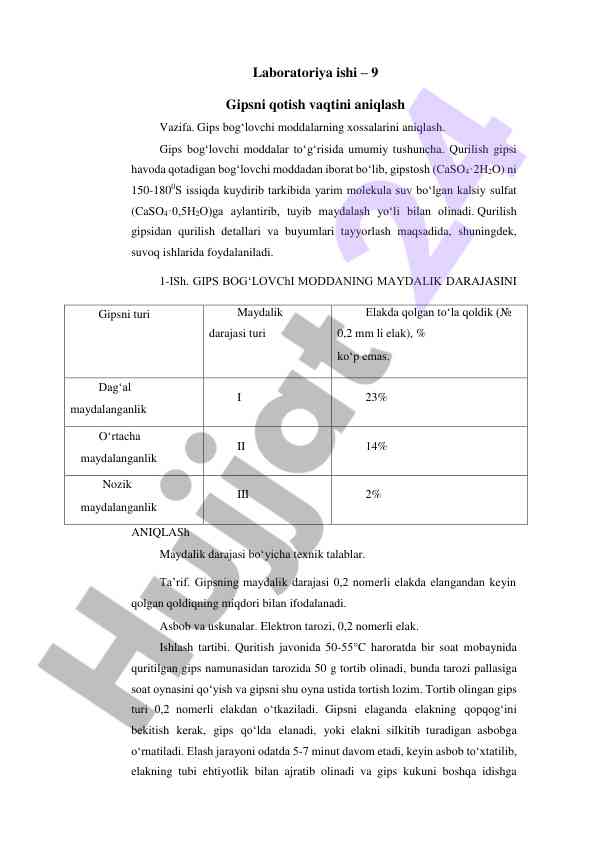 Gipsni qotish vaqti aniqlash laboratoriya ishlari