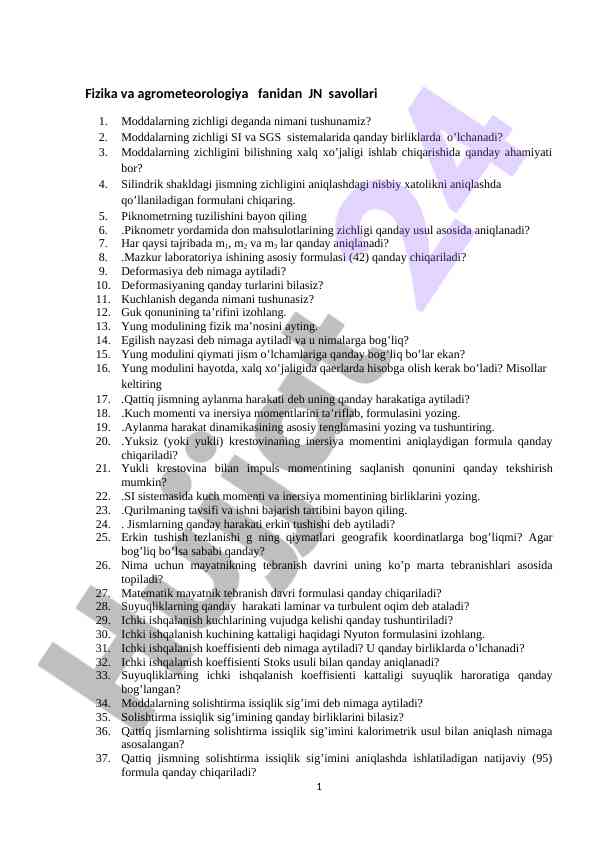 Fizika Va Agrometeorologiya Fanidan Laboratoriya Savollari