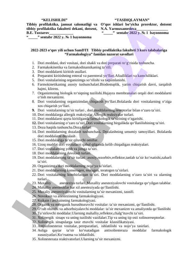 Farmakologiya fanidan nazorat savollari