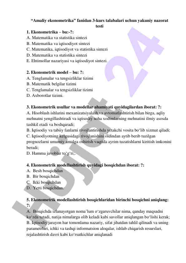 Ekonometrika fanidan yakuniy nazorat testi