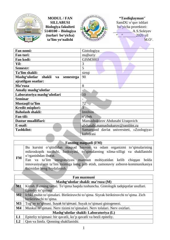 Gistologiya sillabusi biologiya fanlari bo'yicha
