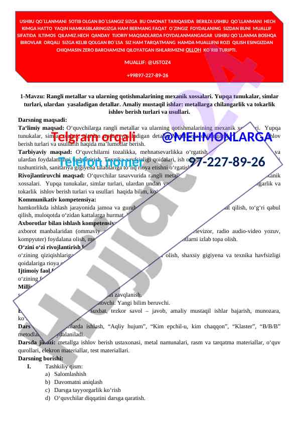 Rangli metallarning mexanik hoshalari