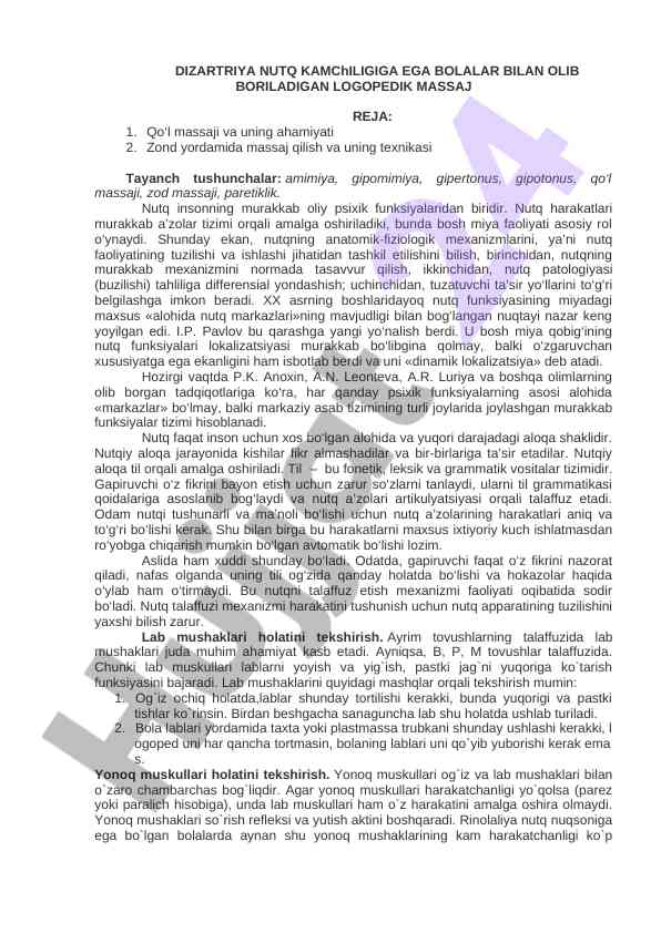 Logopedik massaj rejasi va poshida ahamiyati