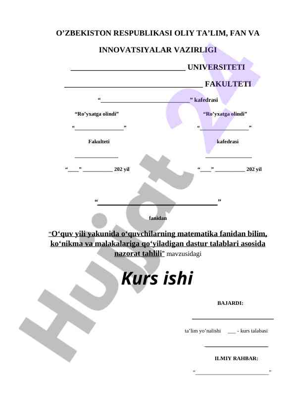 Matematika fanidan nazorat tahlili bo'yicha kurs ishlari