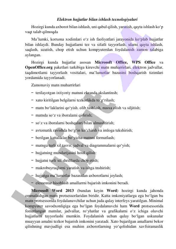 Elektron hujjatlar bilan ishlash texnologiyalari