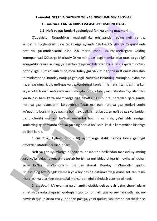 NEFT VA GAZGNOLOGIYASINING UMUMIY ASOSLARI