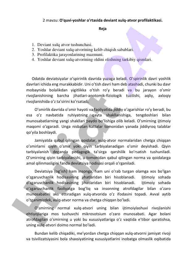 Deviante xulq-atvor profilaktikasi yoshlar o'rtasida